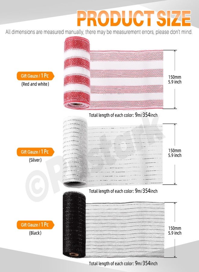 روستارك شريط شبكي مزخرف من Rustark، 3 لفات، كل لفة 6 بوصات × 10 ياردات، مع رقائق معدنية، أبيض، أحمر، أسود، شريط شبكي بوليستر لتزيين أكاليل الزهور وأشجار عيد الميلاد وتغليف الهدايا والأعمال اليدوية (15 سم × 1.5 متر/لفة). - Image 2